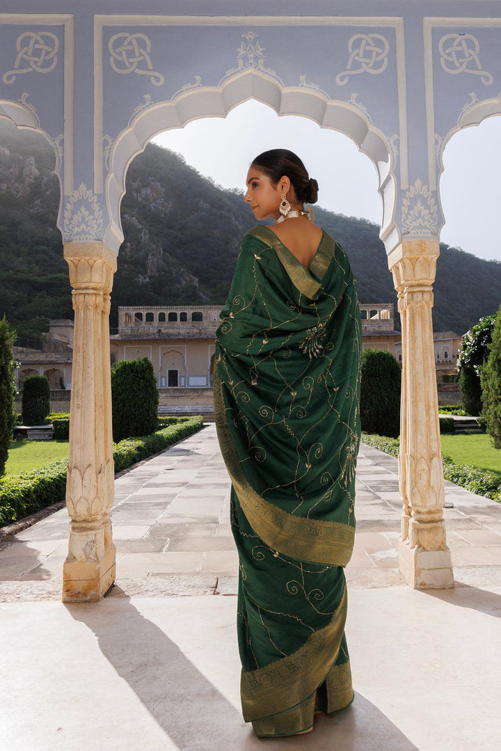 Green silk banarasi hand-embroidered saree - Geroo Jaipur