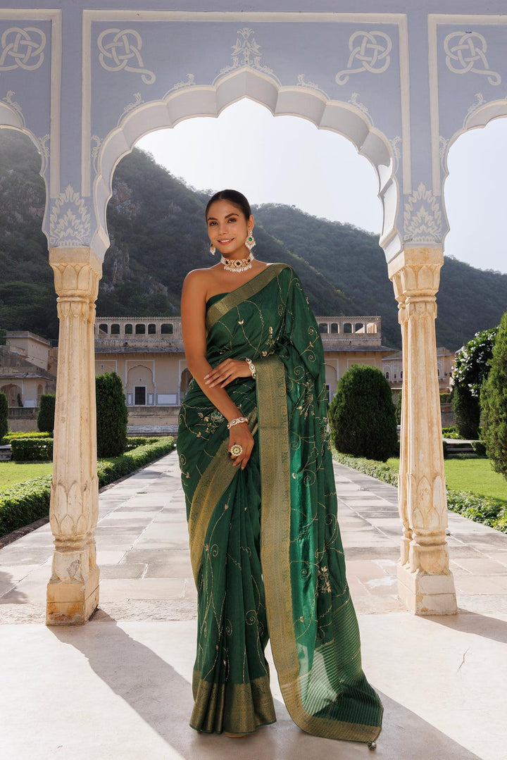 Green silk banarasi hand-embroidered saree - Geroo Jaipur