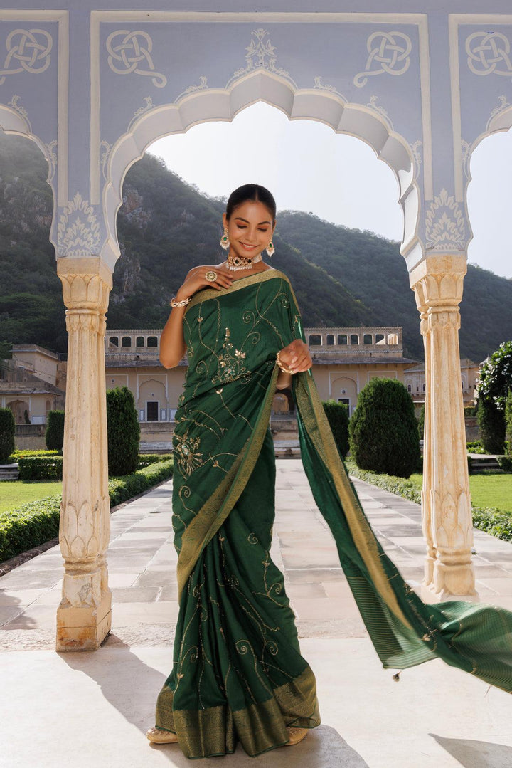 Green silk banarasi hand-embroidered saree - Geroo Jaipur