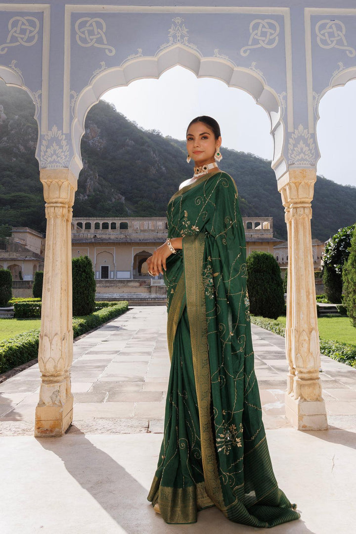 Green silk banarasi hand-embroidered saree - Geroo Jaipur