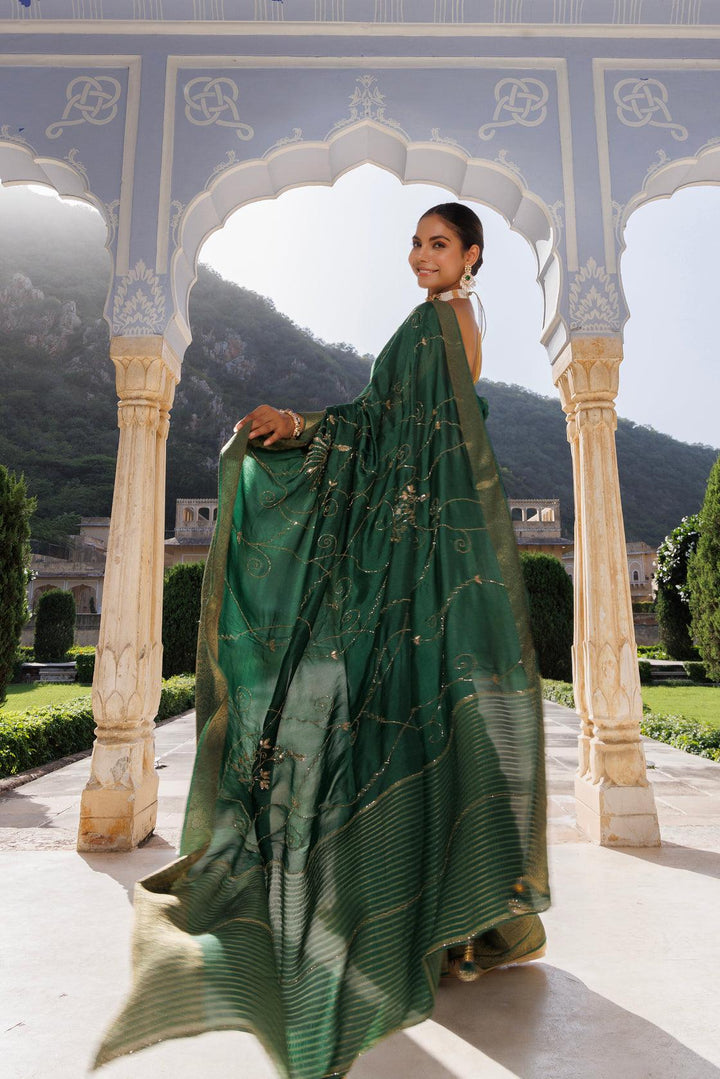 Green silk banarasi hand-embroidered saree - Geroo Jaipur