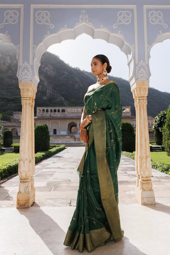 Green silk banarasi hand-embroidered saree - Geroo Jaipur