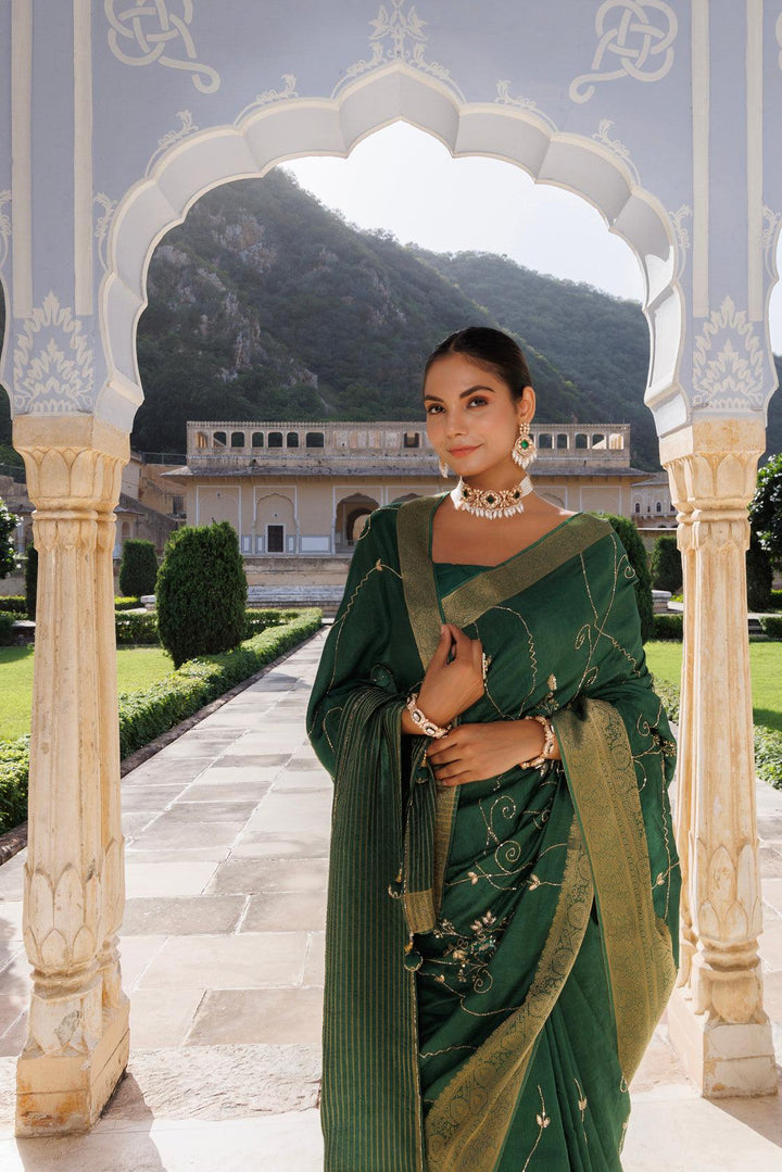 Green silk banarasi hand-embroidered saree - Geroo Jaipur