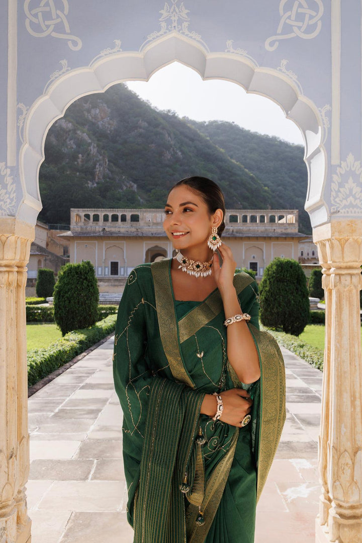 Green silk banarasi hand-embroidered saree - Geroo Jaipur