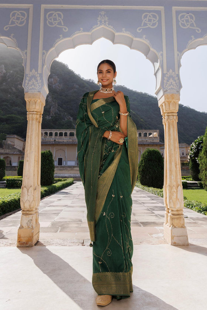 Green silk banarasi hand-embroidered saree - Geroo Jaipur