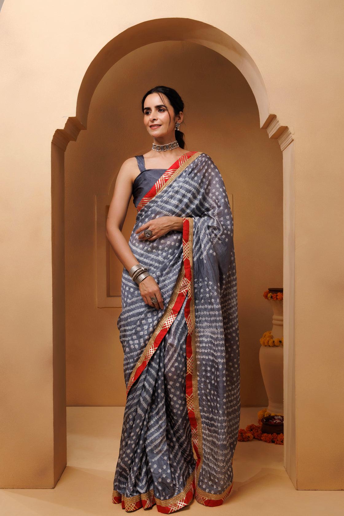 Grey Bandhani Handcrafted Gota Work Art Silk Ready To Wear Saree