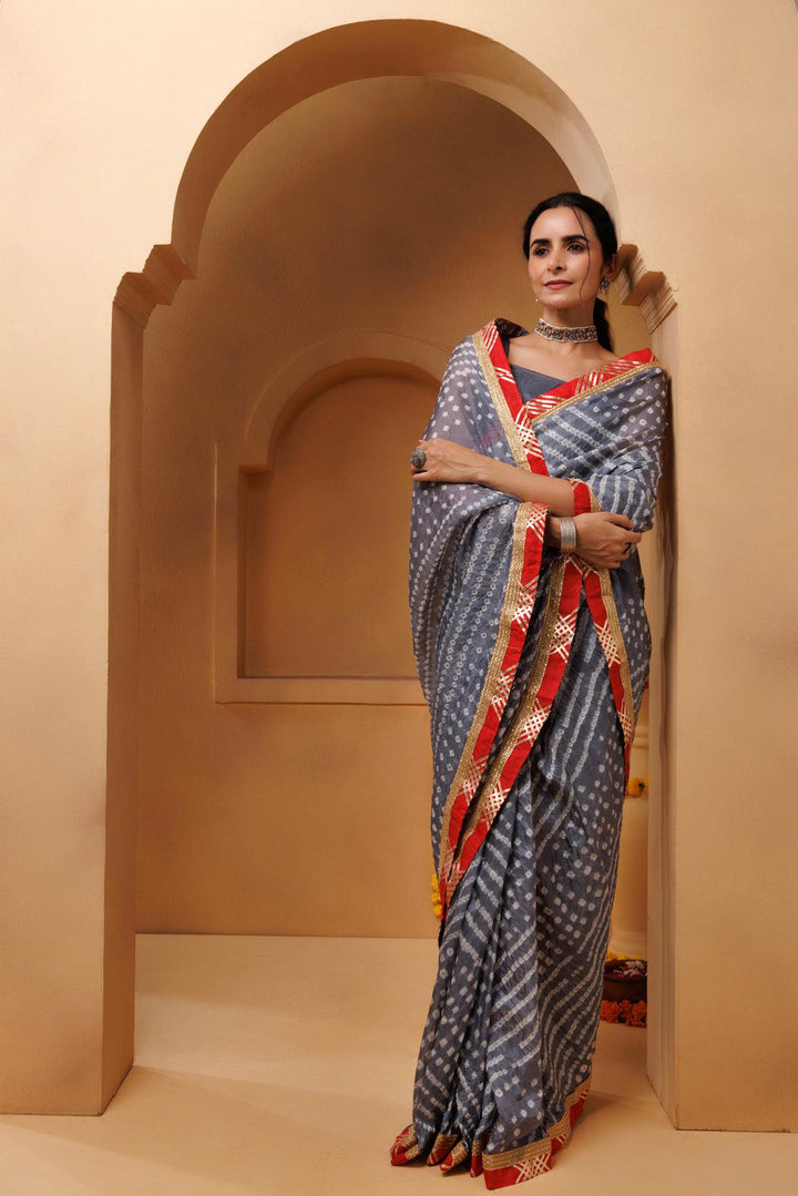 Grey Bandhani Pre-Drapped Silk Saree - Geroo Jaipur