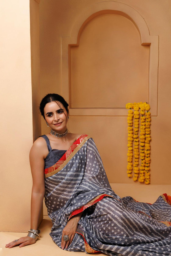 Grey Bandhani Pre-Drapped Silk Saree - Geroo Jaipur