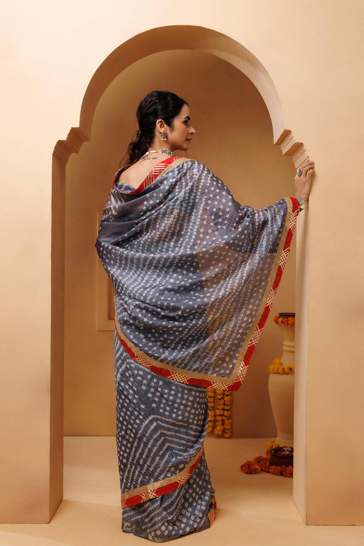 Grey Bandhani Pre-Drapped Silk Saree - Geroo Jaipur