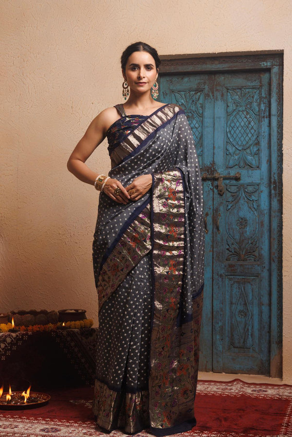 Grey-Blue Bandhani Zari Woven Silk Saree - Geroo Jaipur