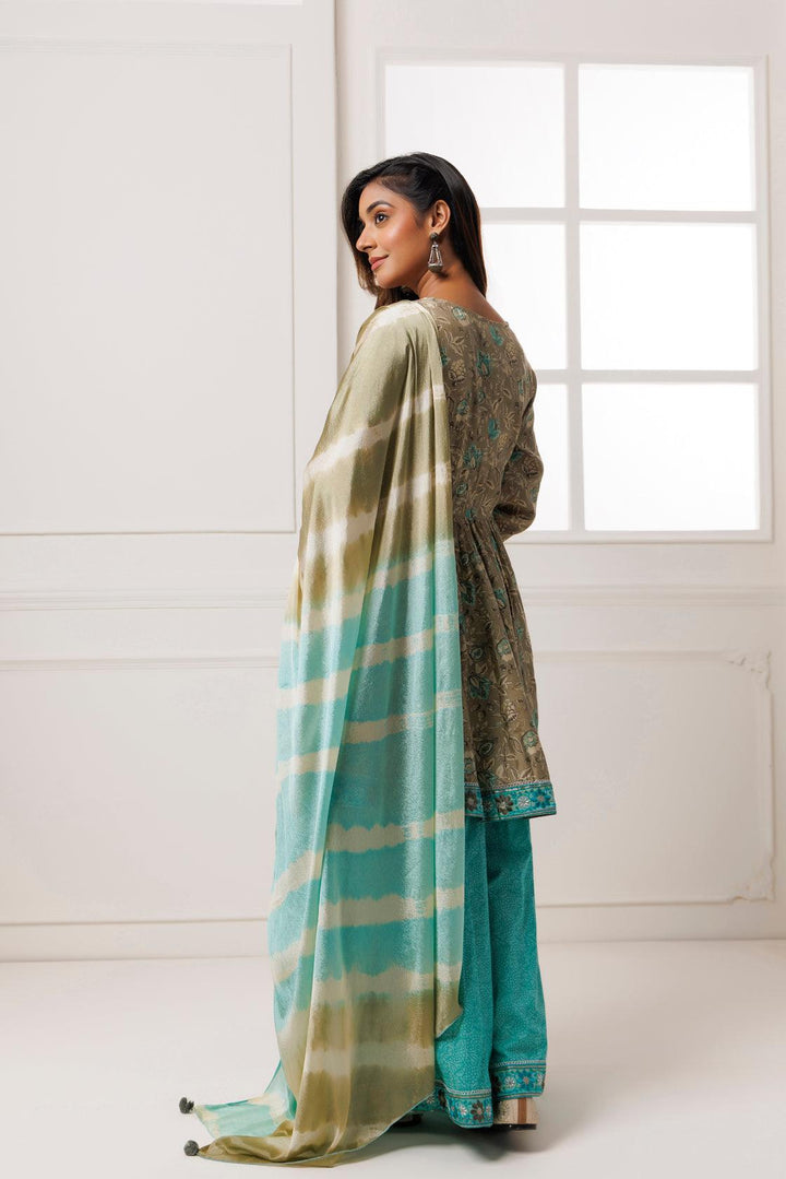 Grey-Blue Printed Suit Set With Chiffon Leheriya Dupatta - Geroo Jaipur