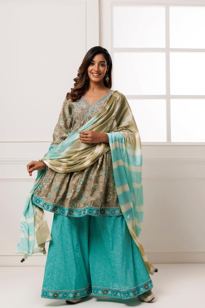 Grey-Blue Printed Suit Set With Chiffon Leheriya Dupatta - Geroo Jaipur