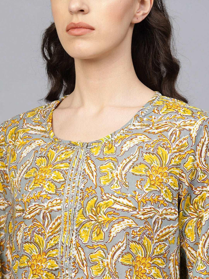Grey Hand Block Printed Cotton Kurta - Geroo Jaipur