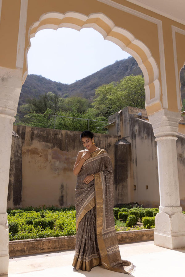 Grey Hand Block Printed Pure Tussar Silk Zari Woven Saree - Geroo Jaipur