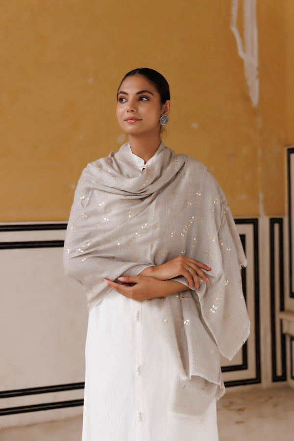 Grey hand embroidered gota patti woolen shawl - Geroo Jaipur