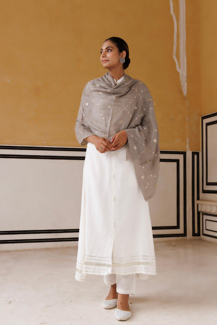 Grey hand embroidered gota patti woolen shawl - Geroo Jaipur