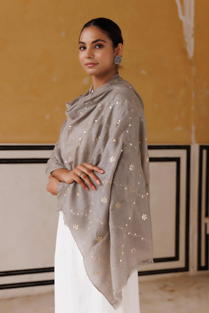 Grey hand embroidered gota patti woolen shawl - Geroo Jaipur