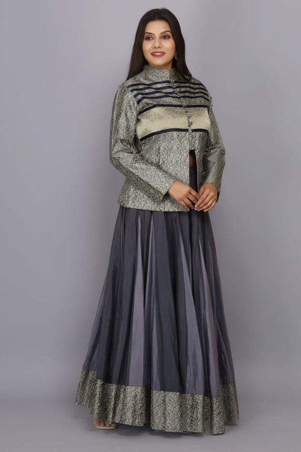 Grey hand woven bamboo silk skirt with heavy brocade jacket - Geroo Jaipur