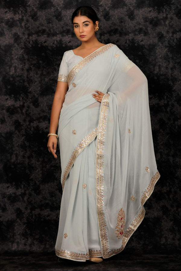 Grey Handcrafted Gota Patti Georgette Saree - Geroo Jaipur