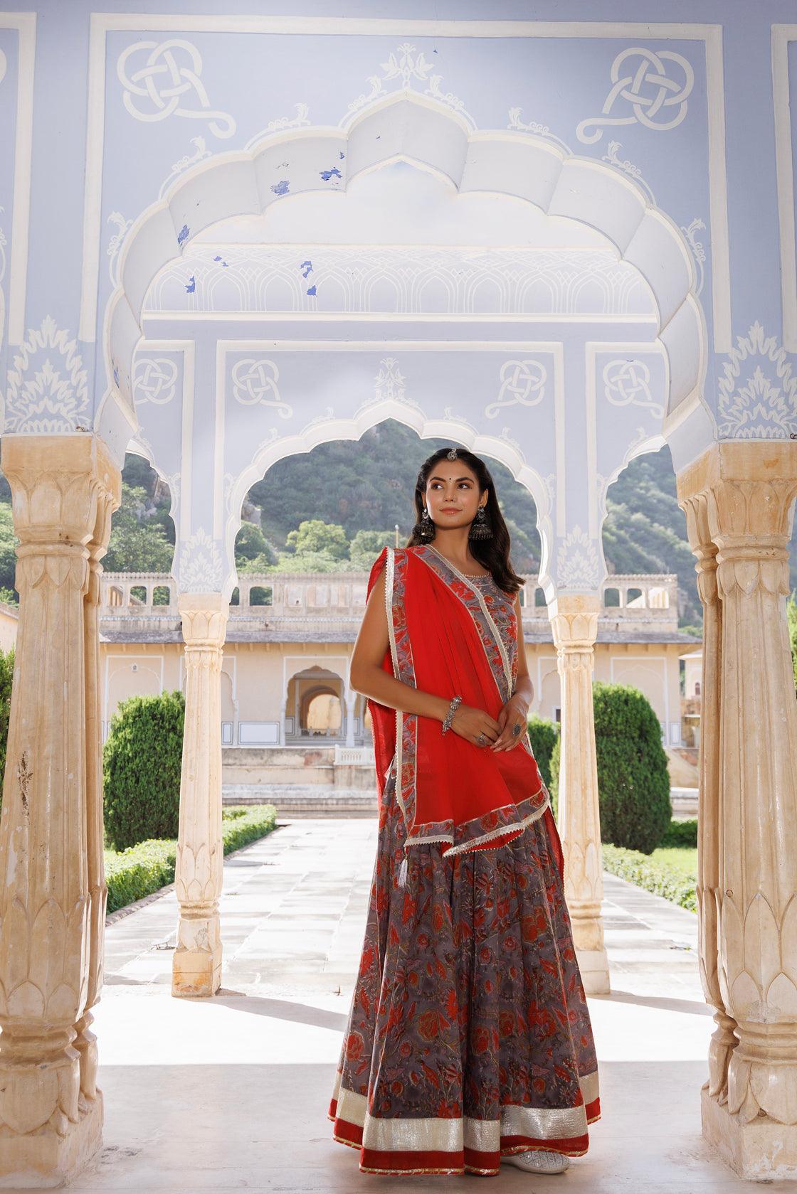 Grey-Orange Handcrafted Block Printed Cotton Skirt Set
