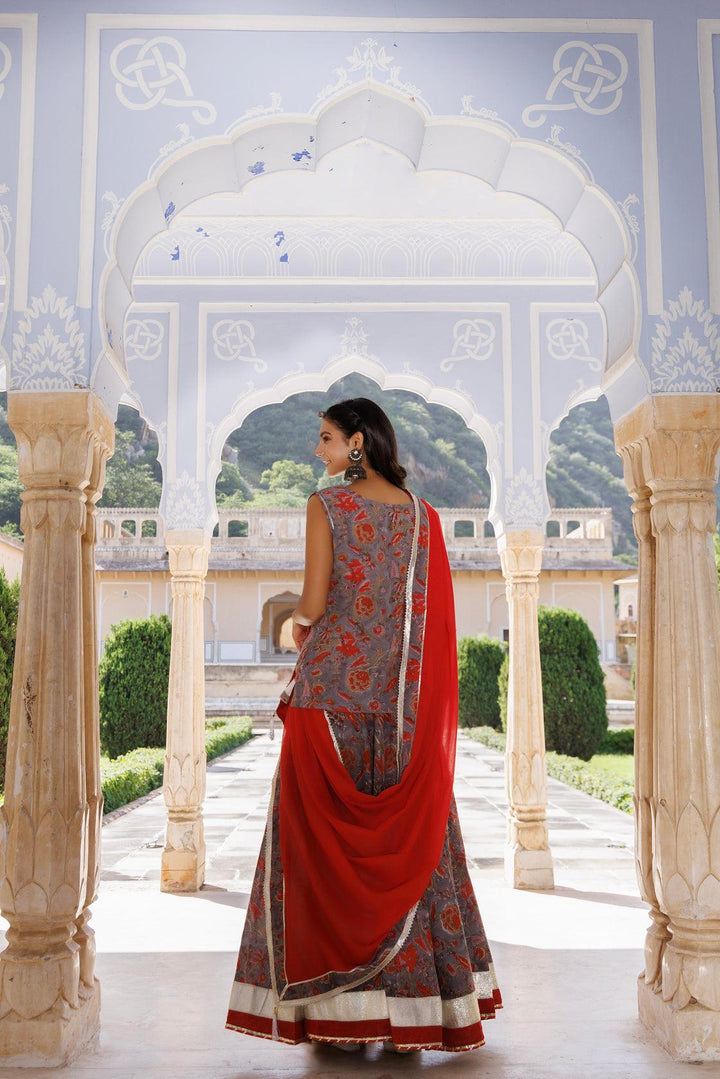 Grey-Orange Pure Cotton Hand Block Printed Skirt Set - Geroo Jaipur