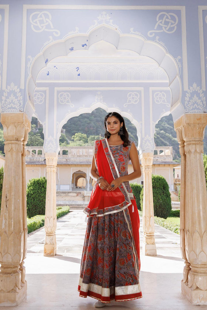 Grey-Orange Pure Cotton Hand Block Printed Skirt Set - Geroo Jaipur