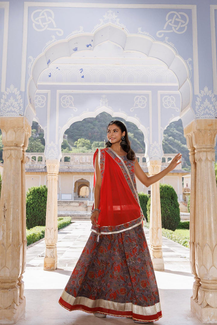 Grey-Orange Pure Cotton Hand Block Printed Skirt Set - Geroo Jaipur