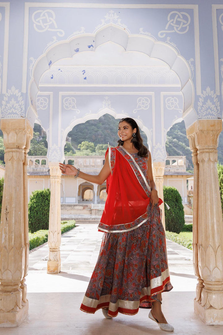 Grey-Orange Pure Cotton Hand Block Printed Skirt Set - Geroo Jaipur