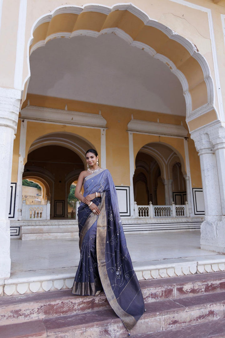 Grey shaded silk banarasi hand-embroidered saree - Geroo Jaipur