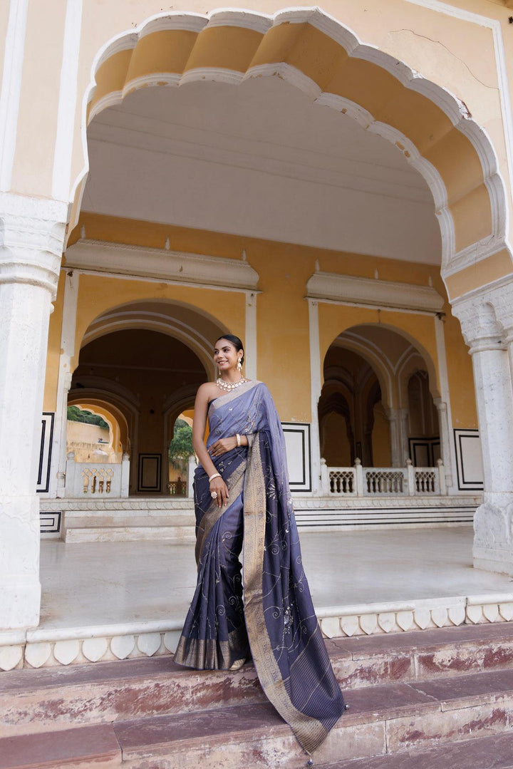 Grey shaded silk banarasi hand-embroidered saree - Geroo Jaipur