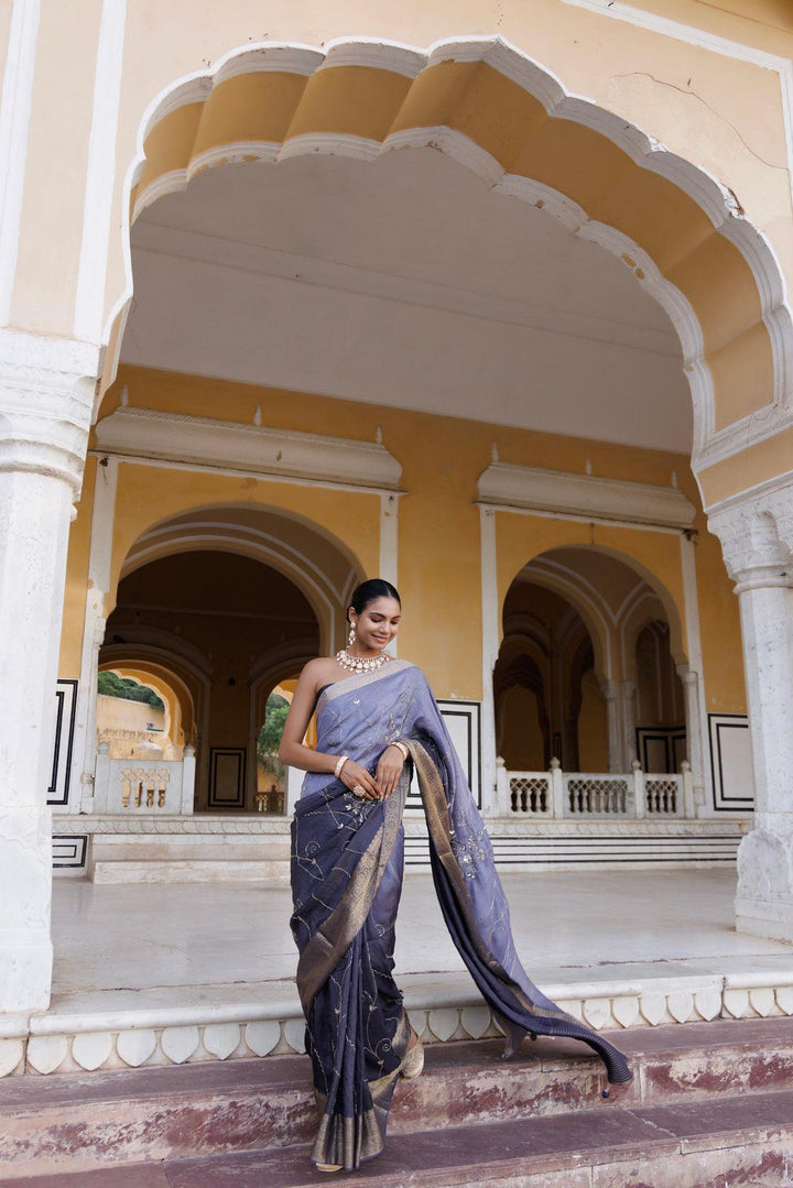 Grey shaded silk banarasi hand-embroidered saree - Geroo Jaipur