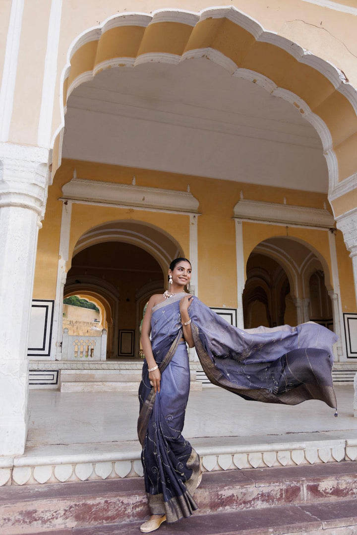 Grey shaded silk banarasi hand-embroidered saree - Geroo Jaipur