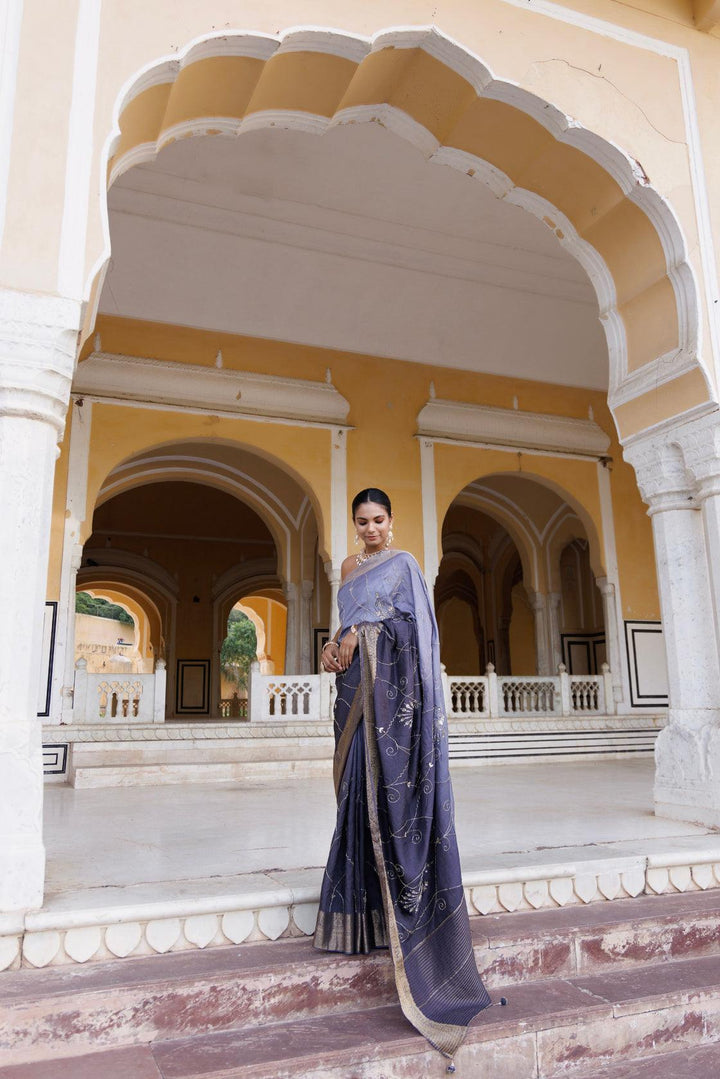 Grey shaded silk banarasi hand-embroidered saree - Geroo Jaipur