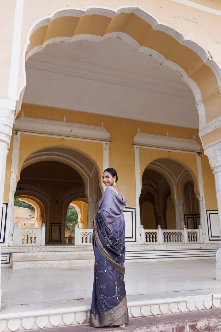 Grey shaded silk banarasi hand-embroidered saree - Geroo Jaipur