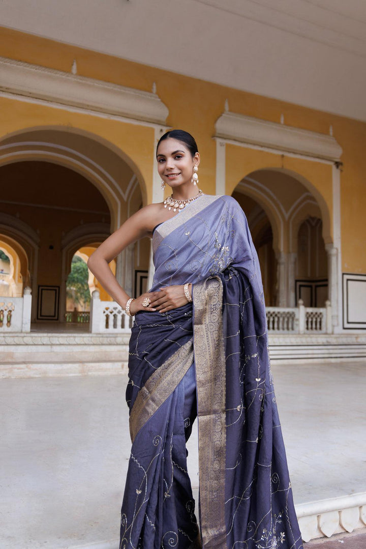 Grey shaded silk banarasi hand-embroidered saree - Geroo Jaipur