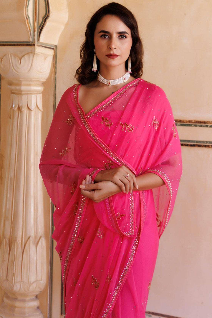 Hot pink Hand embroidered Resham-tube Chiffon saree - Geroo Jaipur