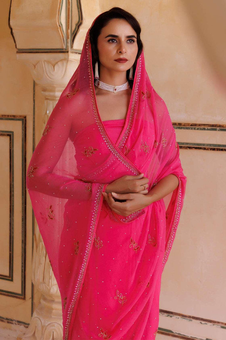 Hot pink Hand embroidered Resham-tube Chiffon saree - Geroo Jaipur