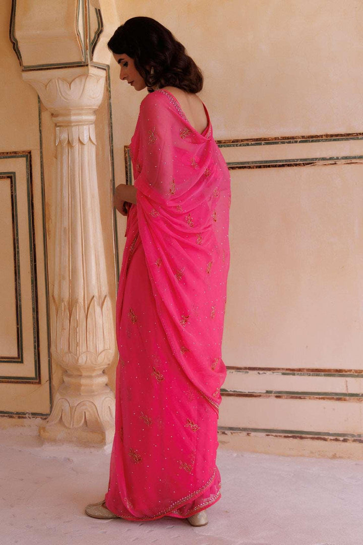 Hot pink Hand embroidered Resham-tube Chiffon saree - Geroo Jaipur