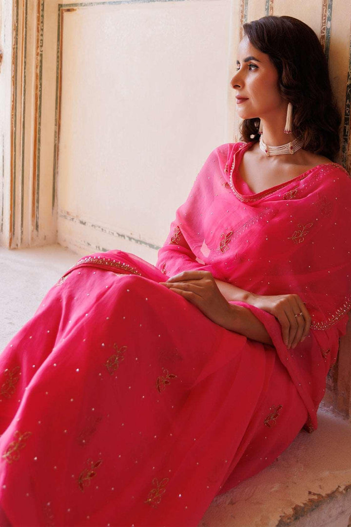 Hot pink Hand embroidered Resham-tube Chiffon saree - Geroo Jaipur