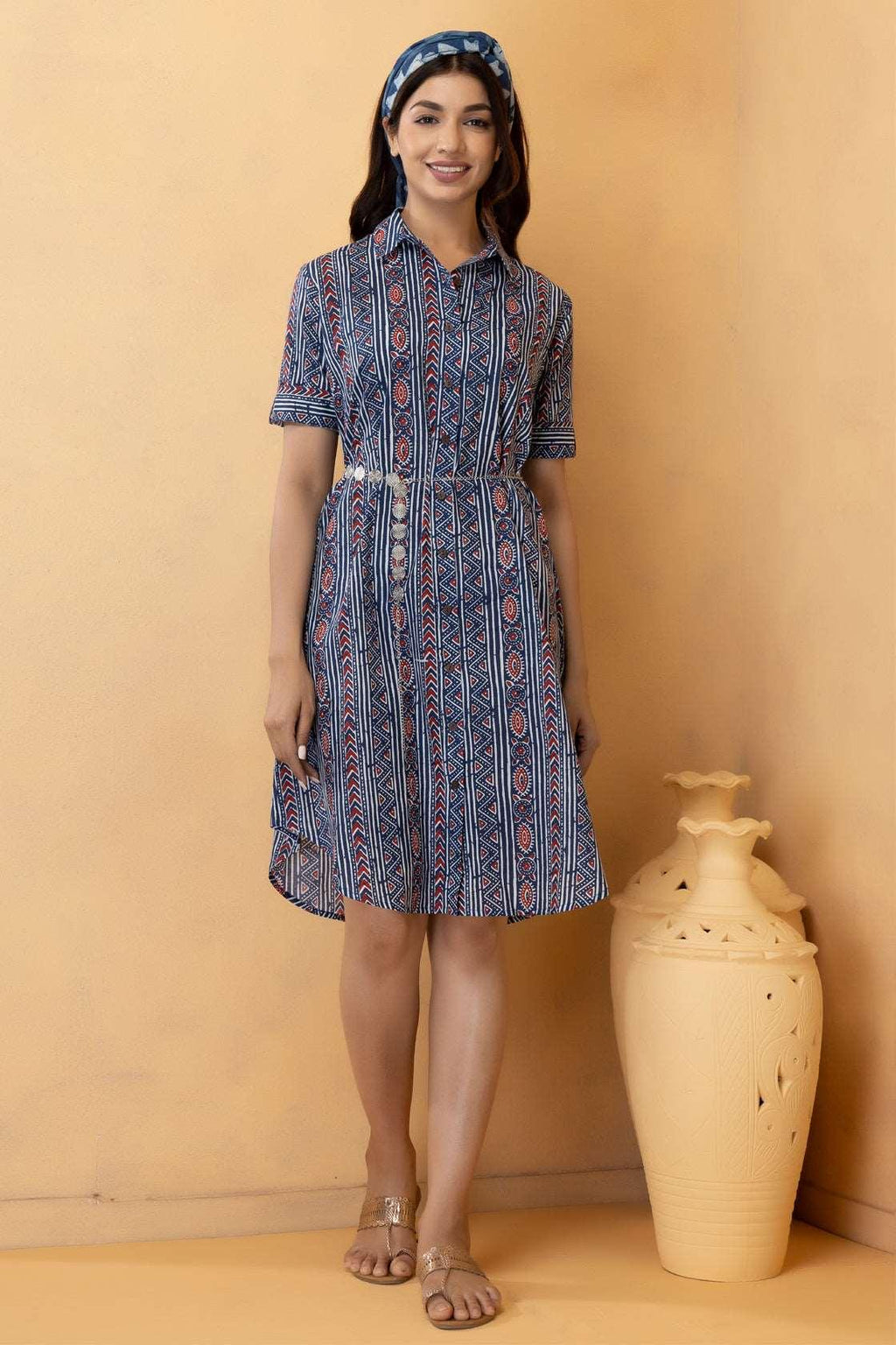 Indigo Cotton Hand Block Printed Shirt Dress with Silver Belt - Geroo Jaipur