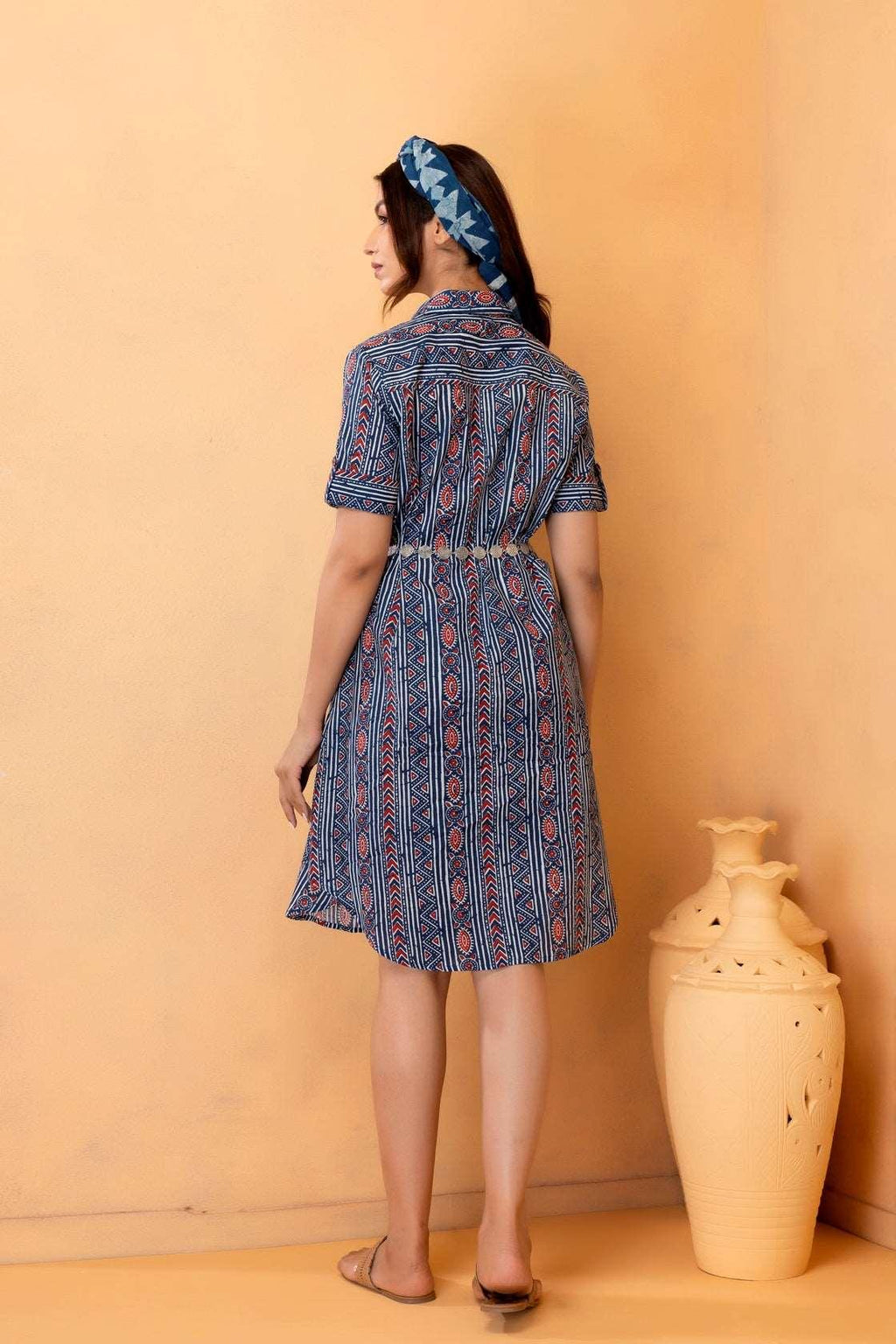 Indigo Cotton Hand Block Printed Shirt Dress with Silver Belt - Geroo Jaipur