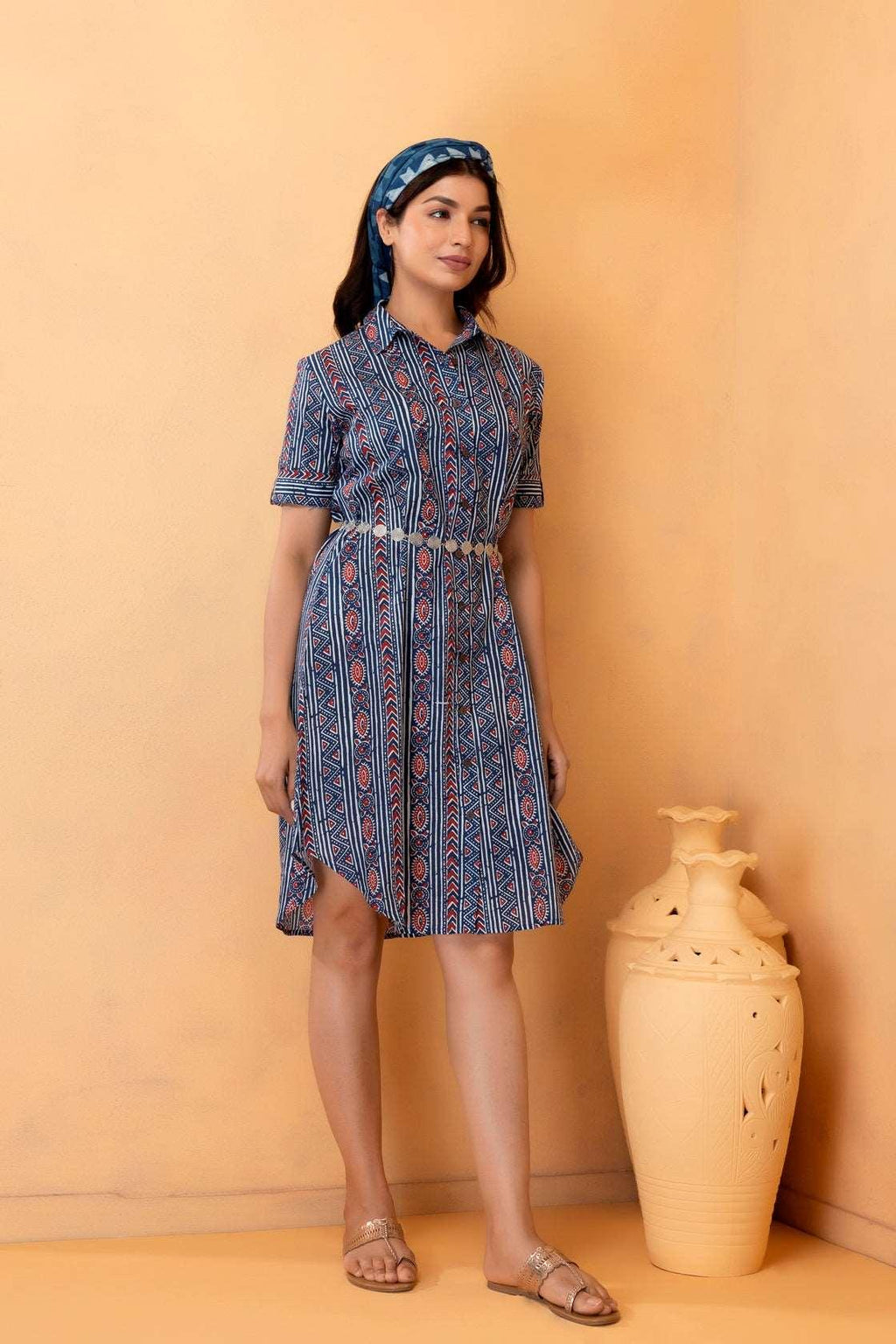 Indigo Cotton Hand Block Printed Shirt Dress with Silver Belt - Geroo Jaipur