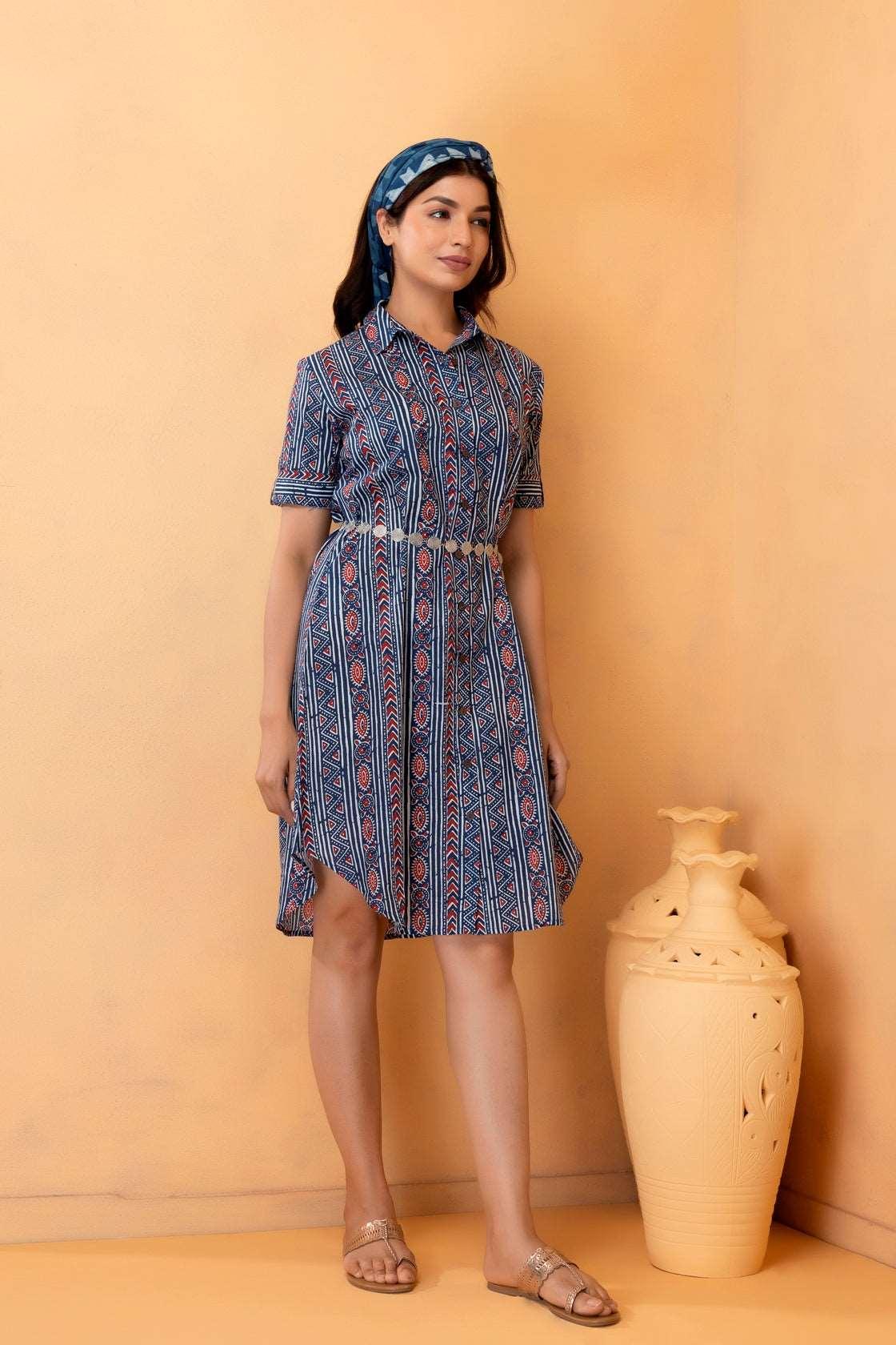 Indigo Cotton Hand Block Printed Shirt Dress with Silver Belt - Geroo Jaipur