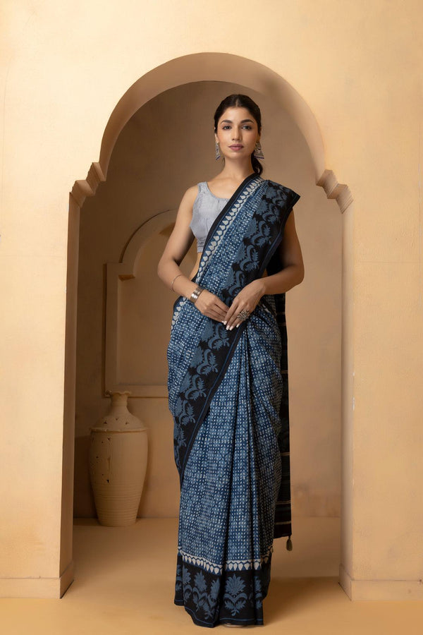 Indigo Hand Block Printed Bagru Cotton Saree - Geroo Jaipur