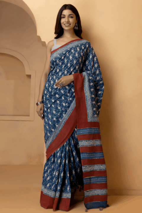 Indigo Hand Block Printed Bagru Cotton Saree - Geroo Jaipur