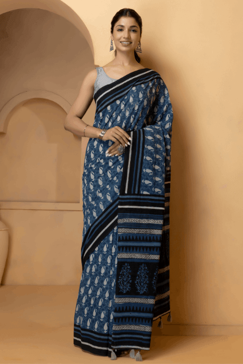 Indigo Hand Block Printed Bagru Cotton Sustainable Saree - Geroo Jaipur