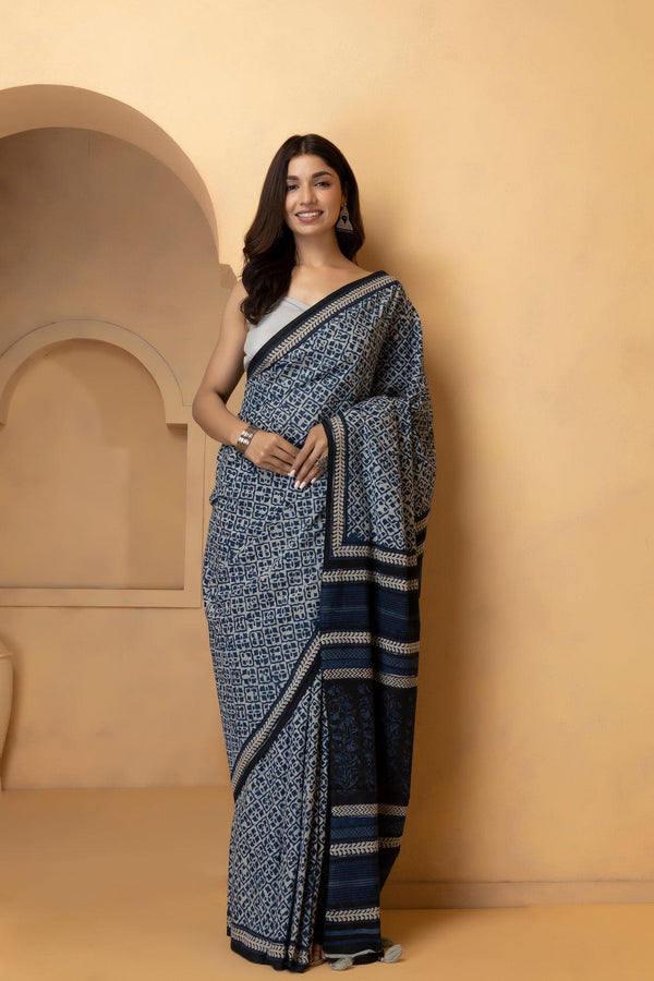 Indigo Hand Block Printed Bagru Cotton Sustainable Saree - Geroo Jaipur