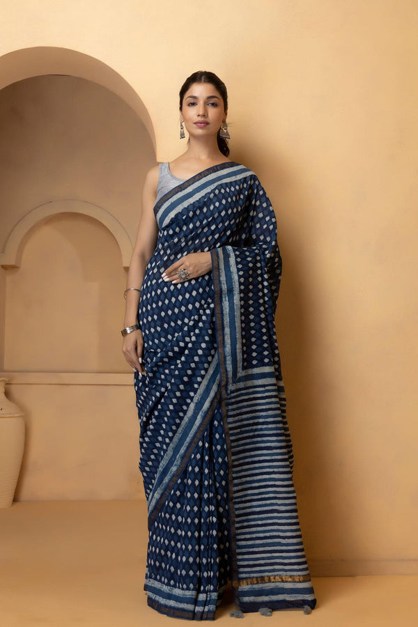 Indigo Hand Block Printed Pure Chanderi Silk Saree - Geroo Jaipur