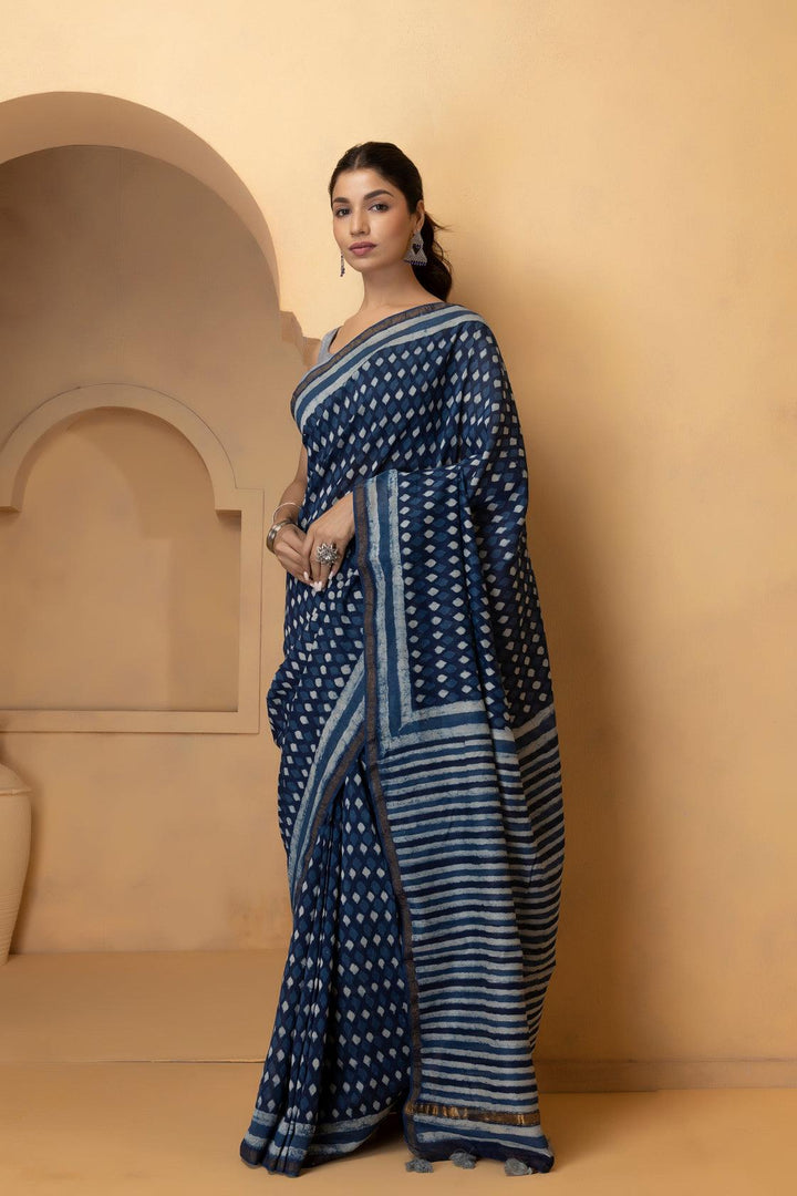 Indigo Hand Block Printed Pure Chanderi Silk Saree - Geroo Jaipur