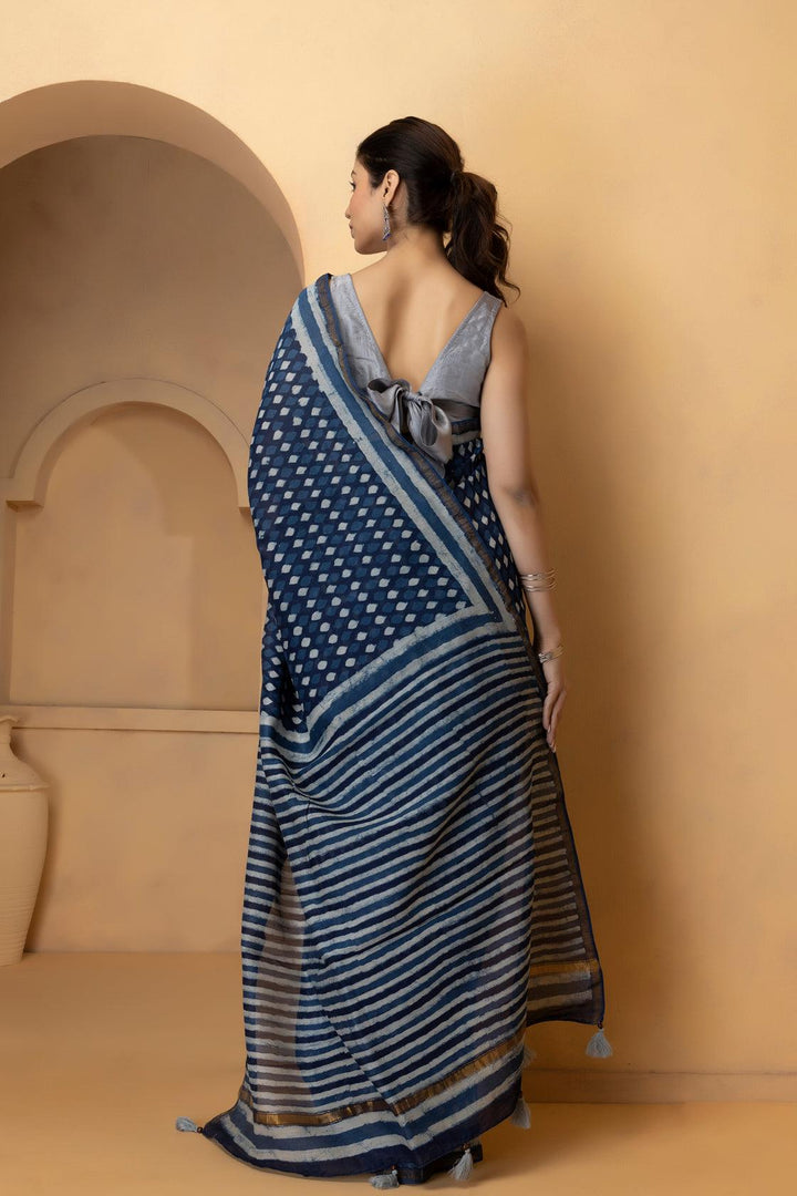 Indigo Hand Block Printed Pure Chanderi Silk Saree - Geroo Jaipur